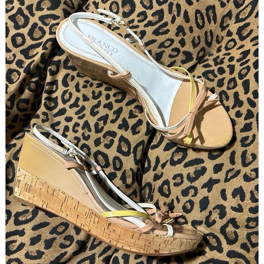 Franco Sarto Baby Tan/White/Yellow Thin Strap Low Heel‎ Cork Wedge Sandals, 9